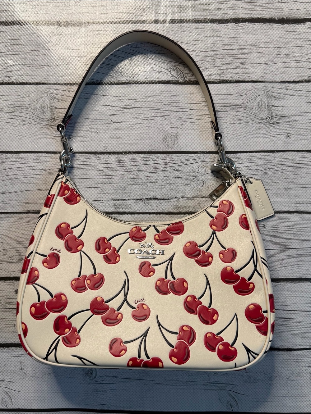Coach White Leather Shoulder Bag with Red Cherry Print